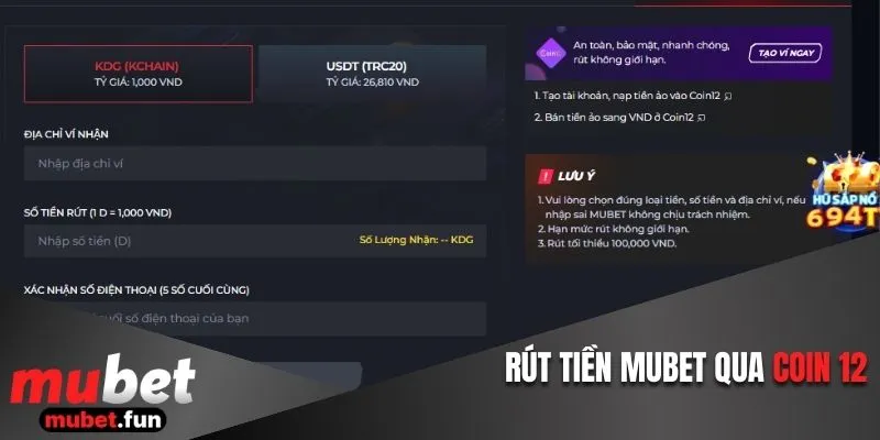 Rút tiền Mubet nhanh chóng qua sàn Coin 12